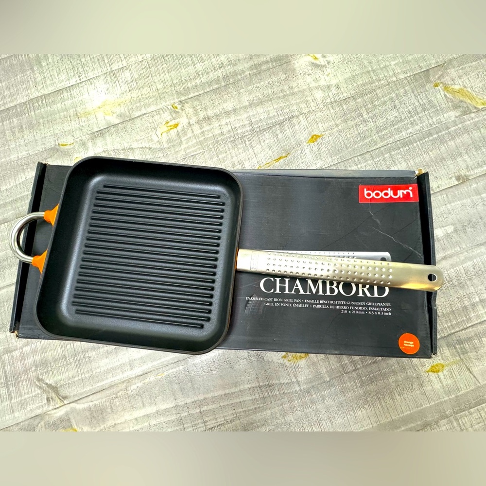 Bodum Chambord Enameled Cast Iron Grill Pan Orange New